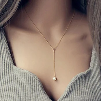 

Fashion Concise Jewelry Gold-color Silver Color Chain With Pearl Pendant Necklace New Style Accessories Pearl Jewelry For Women