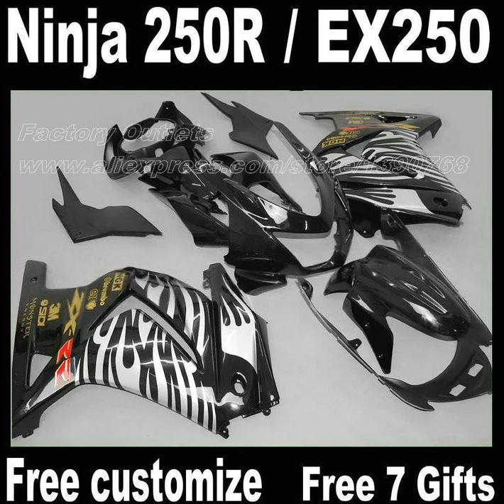 Hot Sale Fairing kit for Kawasaki Ninja 250R 2008 2009 - 2014 EX250 08 09-14 white flames in black Fairings ZX250 A454 Hot Sale Fairing kit for Kawasaki Ninja 250R 2008 2009 - 2014 EX250 08 09-14 white flames in black Fairings ZX250 A454