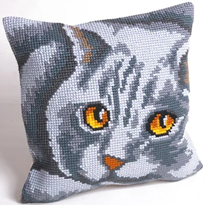 

Grey Cat New DIY Needlework Kit Unfinished Acrylic Yarn Embroidery Pillow Tapestry Canvas Cushion Front Cross Stitch Pillowcase