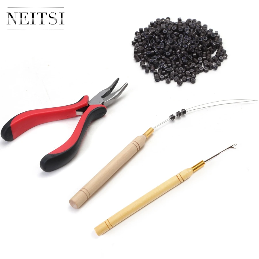 Neitsi 1 шт. плоскогубцы+ 1 шт. крюковые иглы+ 1 шт. устройство для съема петель+ 500 шт. Силиконовое микрокольцо бусины один комплект Инструменты для наращивания волос