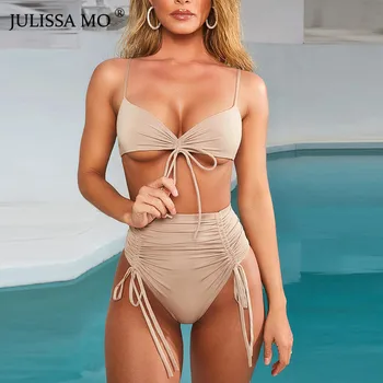 

JULISSA MO Two Piece Set Summer Ruched Bathing Suit Women Sexy V Neck Bandage Bodysuit 2019 Beach Party Swimwear Set Overalls