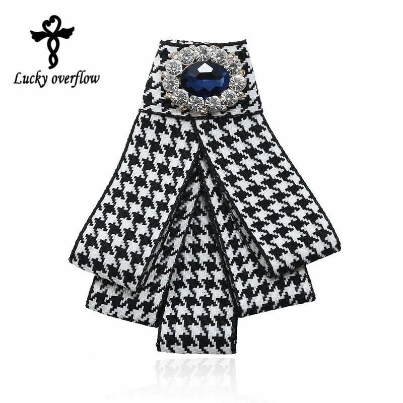 

Trendy Classic Houndstooth Ribbon Bows Lagre Brooches Pins With Crystal For Women Neck Bow Tie Clips Jewelry Accessories
