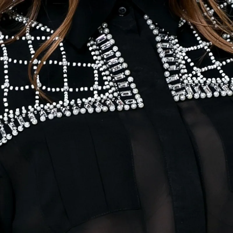 Весенние женские Бисер Блузка с длинными рукавами брендовые пикантные Прозрачные топы Femme Черный Зубчатый Однобортный Blusas Feminina