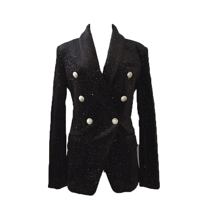 

High Quality 2018 Shawl Collar Velvet Star Silver Glitter Women Double Breasted Coat