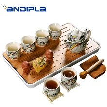 Креативный винтажный Керамический Китайский Чайный набор кунг-фу 6 чайная чашка 2 поднос для чайных чашек 1 чайная щетка 1 ткань 3 украшения 1 чайный поднос 1 чайный набор