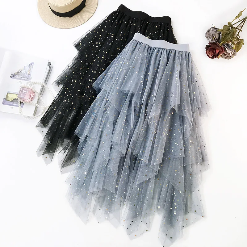 

2019 New Spring and Summer Star Bronzing Design Irregular Mesh Skirt Women's Long Pettiskirt Mid-Calf A-Line Natural