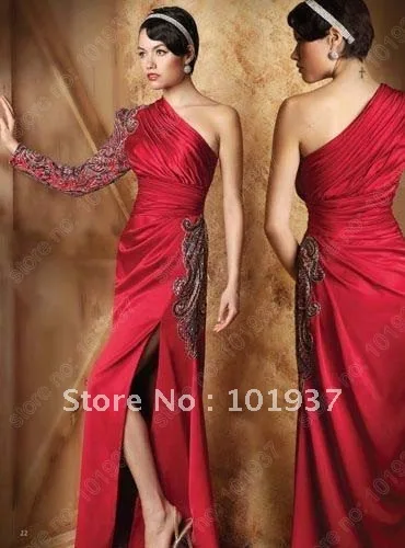 Free Shipping Custom 1133D Red One Shoulder Long Sleeve Ruffle Appliques Corset Couture Dresses Evening 2014 | Свадьбы и торжества