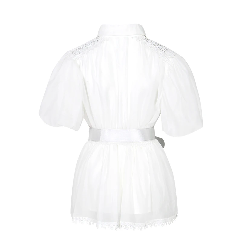 TWOTWINSTYLE элегантная открытая женская блузка воротник с лацканами Половина рукава Туника вышивка с поясом шифоновая рубашка женская мода