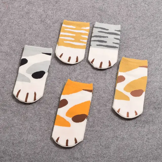 5 pairs/Pack Girls Cute Cartoon Ankle Socks Lovely Cat Paw Print Striped Short Socks