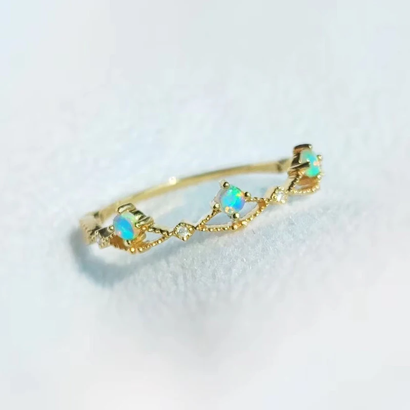 Aazuo 18K Yellow Gold Natural Opal Real Diamond Mini Ring Gift for Woman Girls Mother Charm Jewelry Fashion Love tiny thin