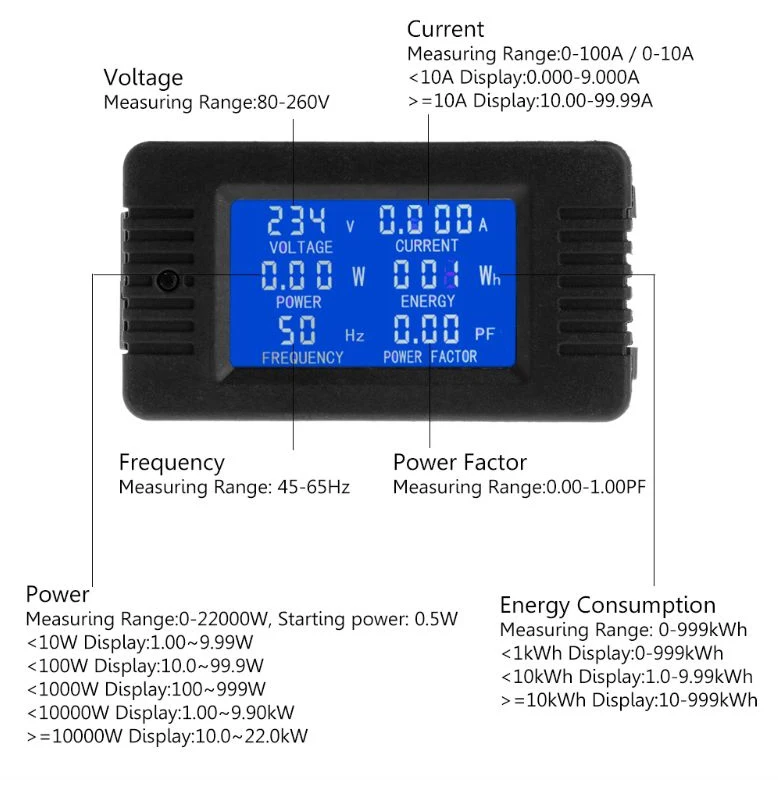 6 в 1 AC 10A цифровой вольтметр Амперметр Энергия Мощность мощность Частотный фактор ток Панель метр детектор 110 В 220 В ЖК-синий
