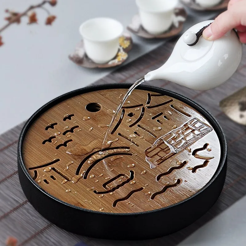 Ceramic bamboo tea tray Kung Fu tea set accessories round mini water