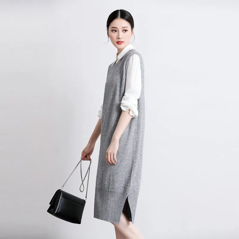 

Spring New Women's Clothing Cashmere Wool Blend Long Vests Women Winter Outerwear Female O-neck Sweater Knitted Pullover Coats