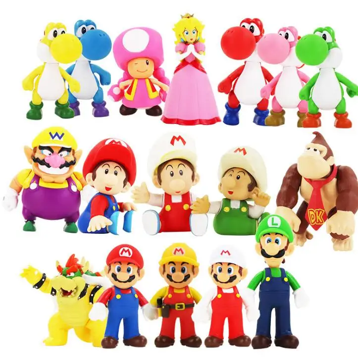 8-15cm Anime Super Mario Bros Bowser Koopa Yoshi Mario Maker Luigi Mushroom Peach Wario PVC Figure Toys Children Gift