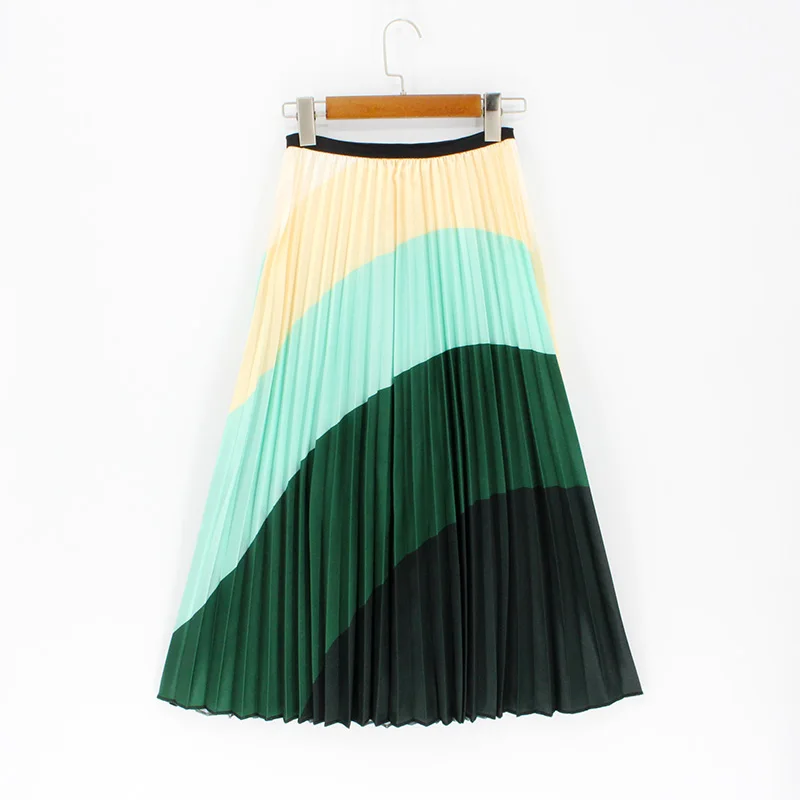 Летние женские юбки с цветочным рисунком, высокая эластичность Jupe Femme, зеленые юбки, плюс размер, печать, миди плиссированная юбка - Цвет: Multi green