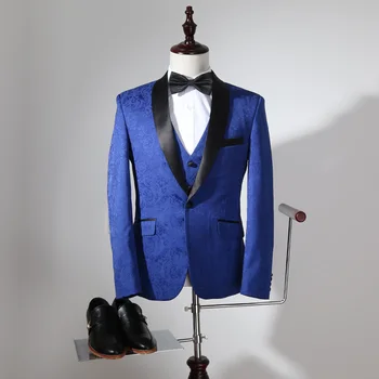 

Blue Pinstripe Wedding Groom Tuxedos for Men Black Shawl Lapel Formal Men Suit 3 Piece Male Set (Jacket + Pants + Vest)