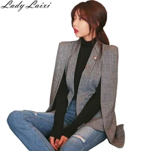 Новинка, длинный рукав, плащ, Блейзер, пальто для женщин, зубчатый разделенный плащ, плащ, куртка, костюм, женский Блейзер, OL, Офисная Рабочая одежда, в клетку, черный