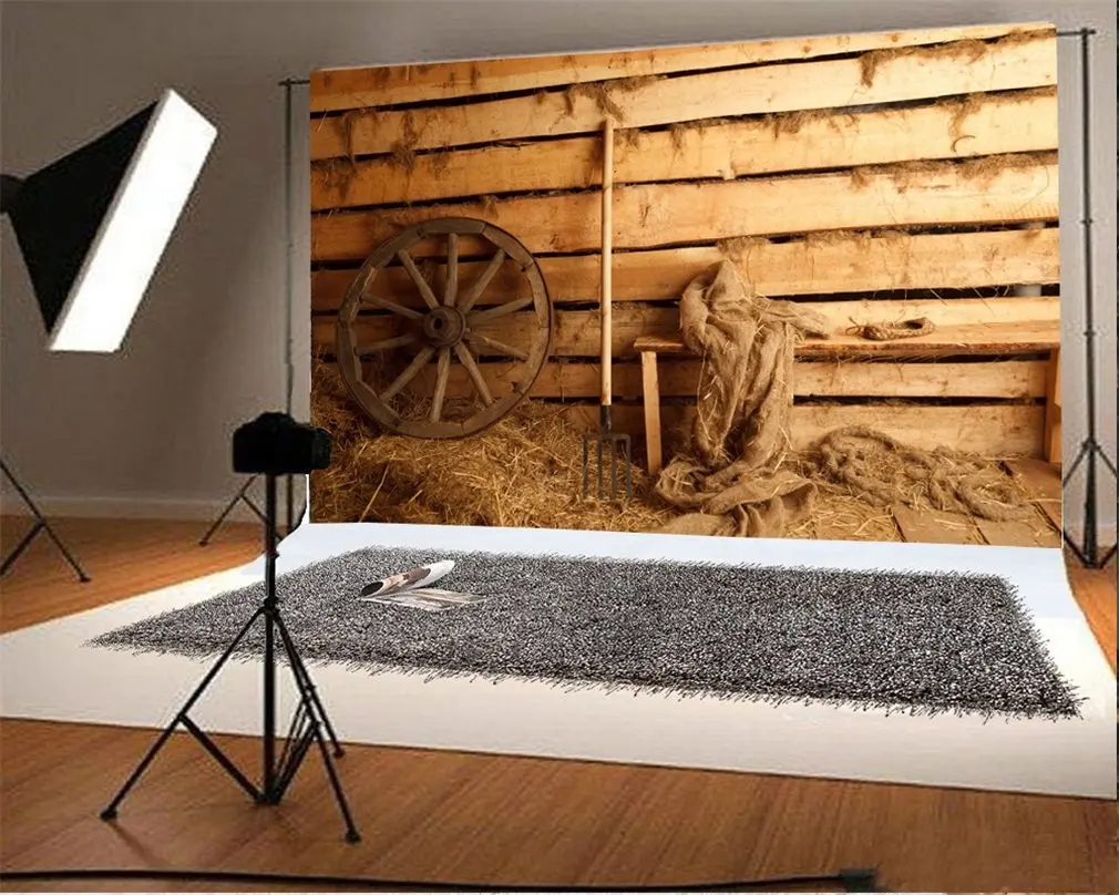 

Photography Backdrop Barn Straw Bale Farm Tool Vintage Car Wheel Hemp Rope Ric Wood Floor Interior Photo Background Party