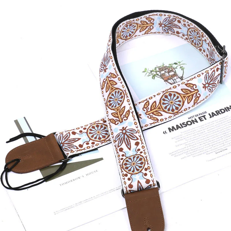 

Guitar Strap Electric Acoustic Bass Embroidery jacquard Guitar Strap Ukulele Belt with PU Leather Ends