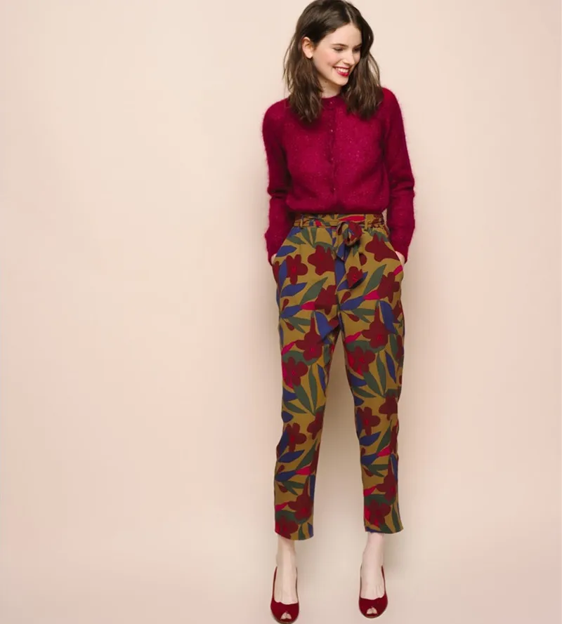 

Women Flower Print Straight Pants French Sweet Ankle-Length Pants With Belt