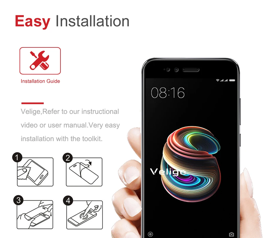 2 Pack Velige Tempered Glass Screen Protector For Xiaomi Mi 5X Mi5X M5X 5 X Xiomi 5X A1 Full Cover 9H Scratch Proof Glass Flim (2)