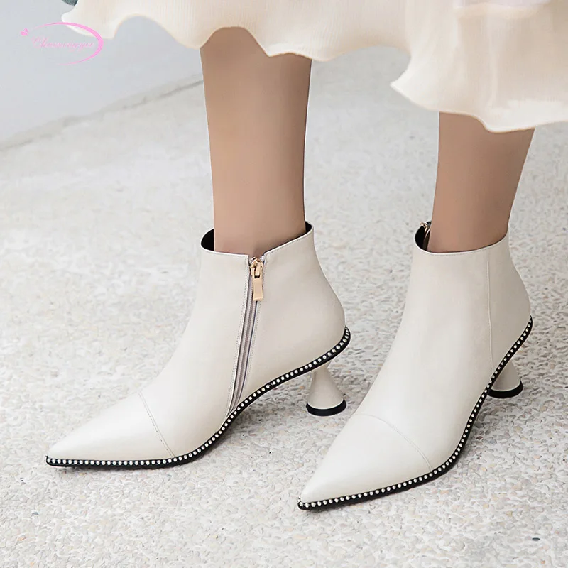 

European street style sexy pointed toe genuine leather ankle boots zipper rivet black beige high heel riding boots women's shoes