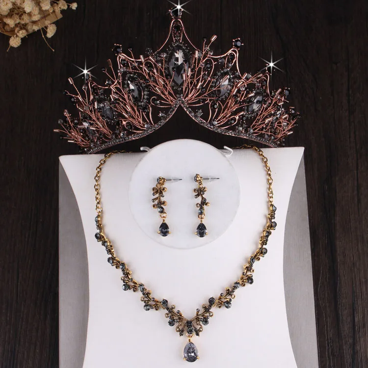 

Baroque Sparkling Black Crystal Beads Bridal Jewelry Sets Rhinestone Tiaras Crown Chokers Necklace Earrings Wedding Jewelry Set