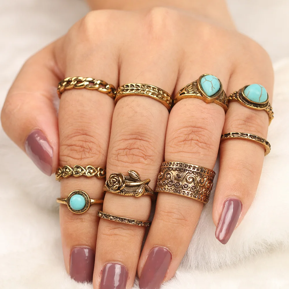 15PcsSet Fashion Vintage Ring Set Femme Stone Silver Midi Finger Rings Boho Women Jewelry Knuckle Ring Set
