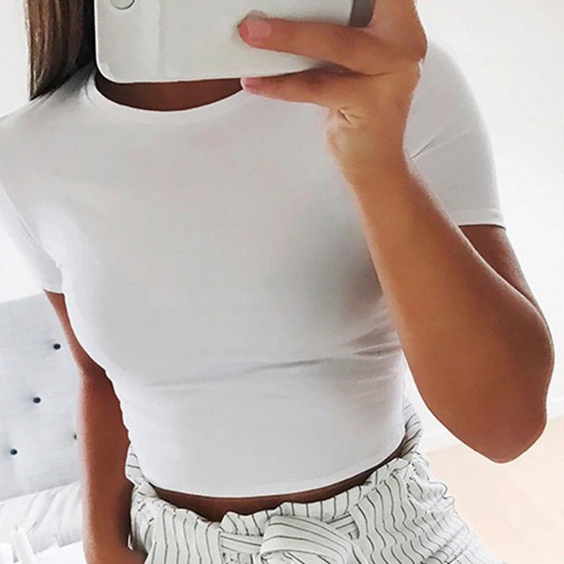 

Summer Fashion Women Casual Top Short Sleeve O Neck Solid Color Short T Shirt Ladies Slim Crop Top Blusas
