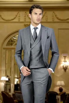 Ceny Styl Jednego Przycisku Light Grey Groom Smokingi Szczyt Lapel Groomsmen Best Man Męskie Garnitur Weselny (kurtka + Spodnie + Kamizelka + Krawat) W: 149