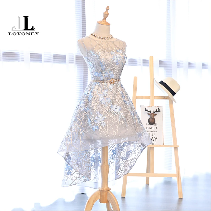 

LOVONEY Evening Dresses 2019 New Arrival High Low Embroidery Short Party Dresses Formal Dress Women Evening Gown XYG701