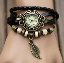 Antigo Pulseira De Couro Relógio Do Vintage Folha Pingente Pulseira de Couro Sintético Relógio de Pulso Das Mulheres dress Watch Relogio feminino