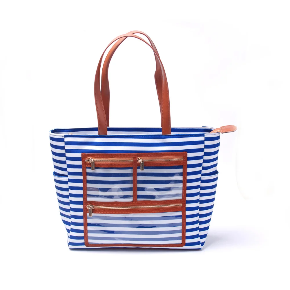 

Canvas Stripe Essential Oils Handbag PVC display Tote Bag with Sun Tan Oil Bottle Pockets DOM103576