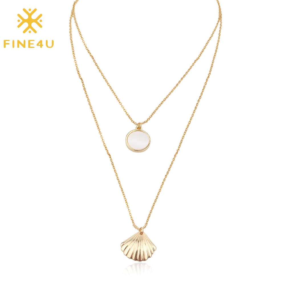 

FINE4U N196 New Bohemia Double Layer Natural Sea Shell Pendant Necklace Long Chain Necklaces Summer Beach Jewelry