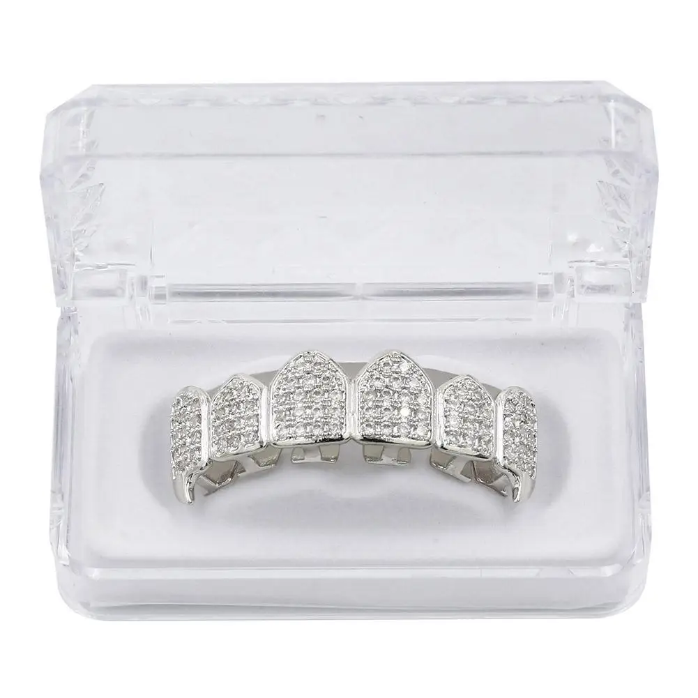 TOPGRILLZ хип-хоп GRILLZ Iced Out AAA циркон Клык Рот зубы Grillz шапки Топ и низ гриль набор для мужчин и женщин вампир грили - Окраска металла: Silver Top