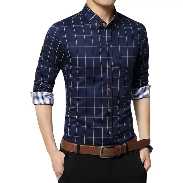New Arrival Mens Shirt Plaid Long Sleeve Casual Slim Fit Wedding