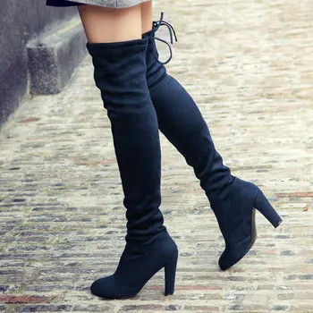 

2020 Women Boots Square High Heel Over The Knee Boots Stretch Flock Thigh Boots Autumn Winter Fashion Stretch Knee High Boots