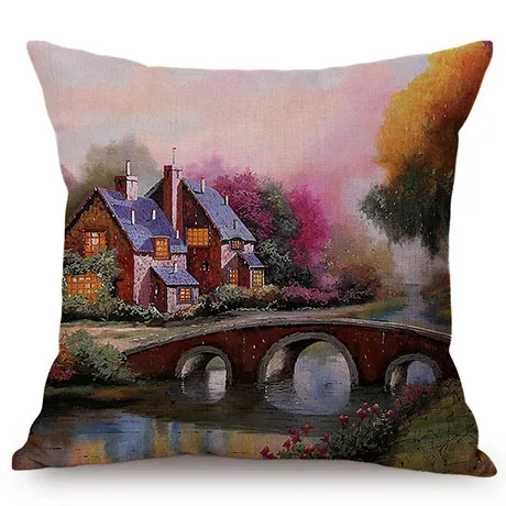 Beautiful Countryside Scenery Happy Cottage Childhood Memory Oil Painting Home Decor Throw Pillow Case Sofa Chair Cushion Cover K120-7