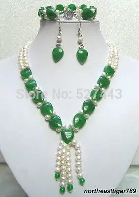

Hot sell Noble- Wholesale JWEW6553 White pearl green jade heart 18KWGP Necklace bracelet earrings (A0423)