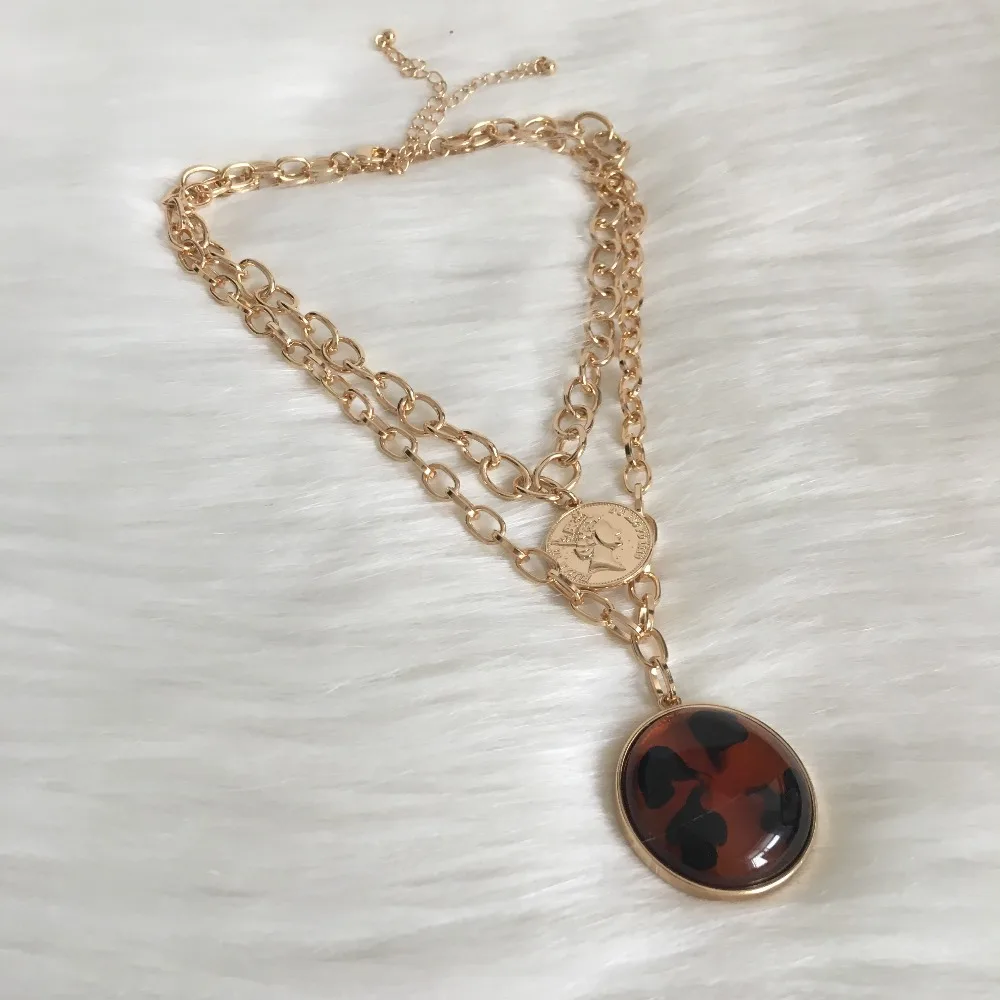 

FASHION JEWELRY GOLD COLOR PLATING COIN WITH LEOPARD PRINT STONE LAYERED NECKLACE FOR WOMEN GIRL