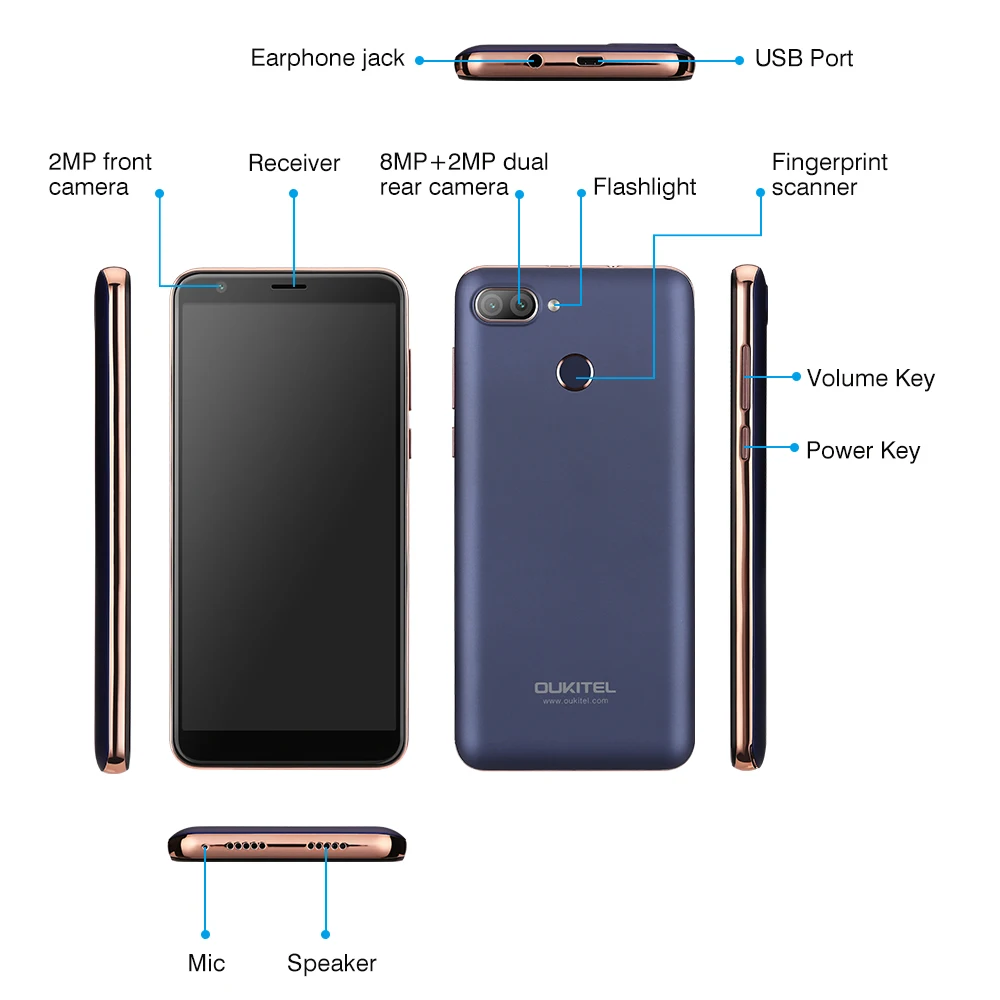 Original OUKITEL C11 Pro 4G Smartphone 5.5 inch 18:9 Android 8.1 Quad Core 3GB RAM 16GB ROM Cell phones 3400mAh Mobile Phone