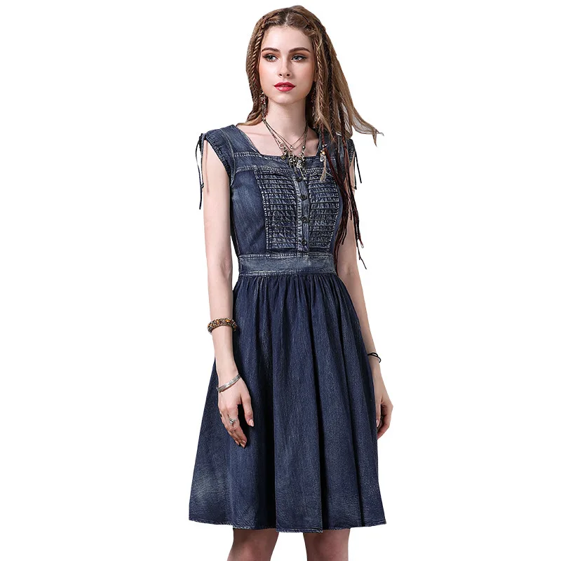 

Original brand ladies new summer dress 2019 elegant denim dress Restore ancient ways waist dresses 8225