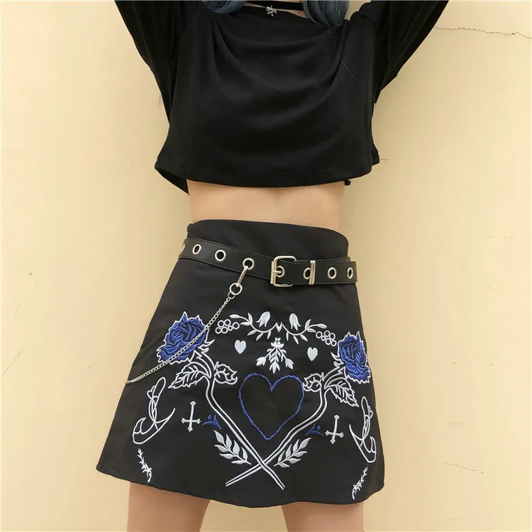Summer High Waist Chains Belted Embroidery Skirt Punk Female A Line