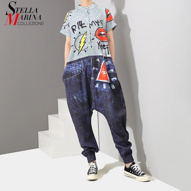 

2019 Korean Style Short Sleeve Women Denim Harem Romper Jumpsuit Letter Pattern Printed Lady Big Size Hippie Loose Overalls 3576