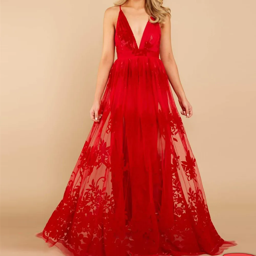 Missord, женское платье с открытыми плечами, сексуальное, глубокий v-образный вырез, Сетчатое, макси, элегантное, женское платье с открытой спиной, FT19528 - Цвет: Красный
