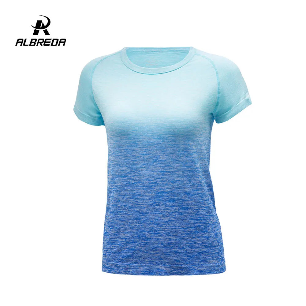 Летняя быстросохнущая Женская эластичная футболка с коротким рукавом для йоги, градиентного цвета, Спортивная футболка для фитнеса, женская спортивная футболка для бега в спортзале - Цвет: Синий