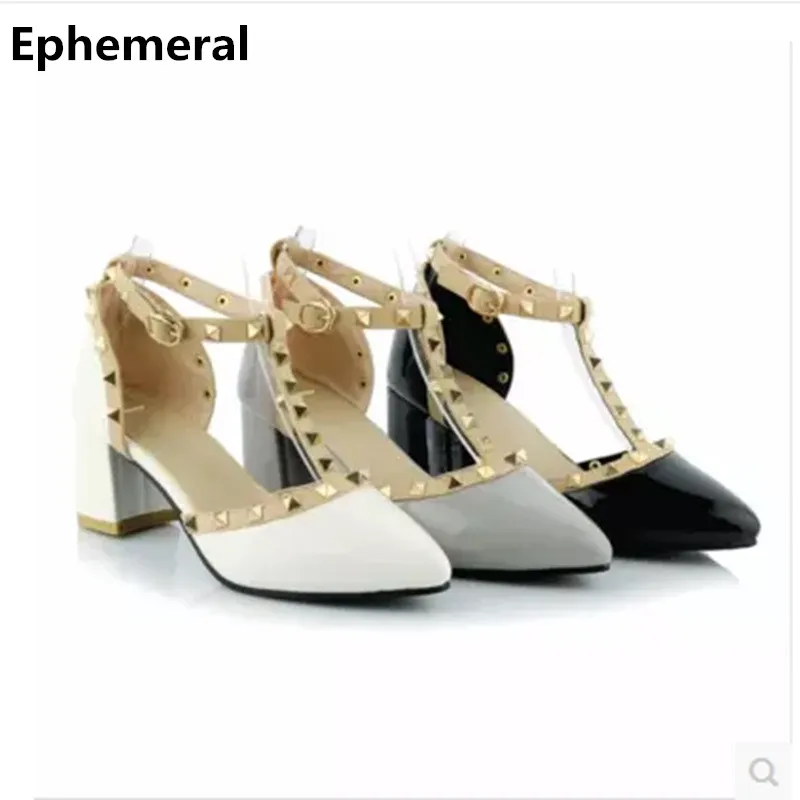 

Lady Elegant Hot Sale Rivets Pointy Toe Buckle strap Square Med Heel High heels Women Pumps Plus size 34-43 Sandals OL Stilettos