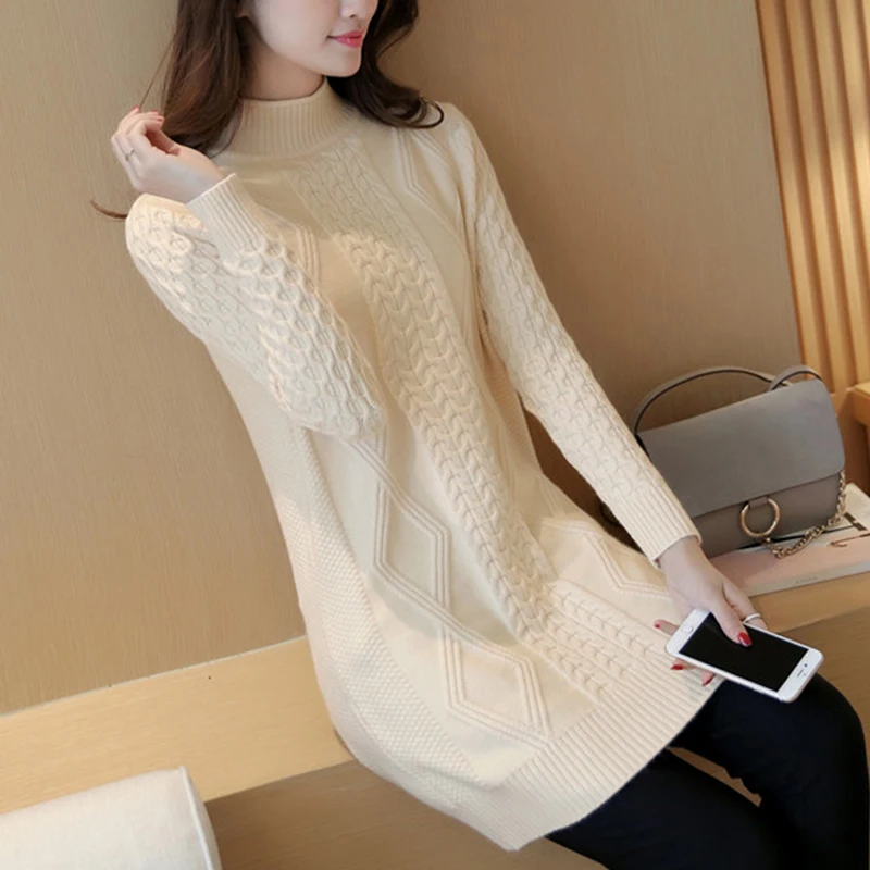 Koop Trui Vrouwelijke Medium Lange 2020 Nieuwe Herfst Winter Losse Plus Size Half Hoge Kraag Tops Dames Binnenkant Set Dikke Gebreide jas Vrouwen
