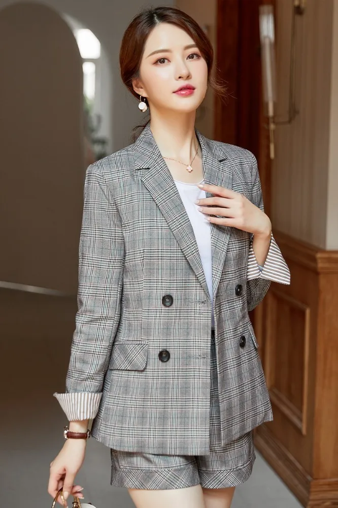

Fashion Plaid Double Breasted Women Formal Blazers and Jackets Coat Autumn Winter Ladies Office Work Wear Blazer Outwear Tops