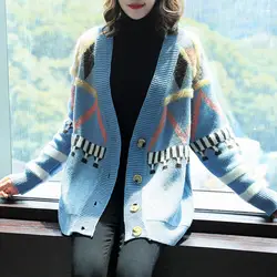 Свободные Трикотажный кардиган свитер пальто женская обувь для отдыха Новые Зимние Европа мода плюс Размеры Повседневное топ трикотаж
